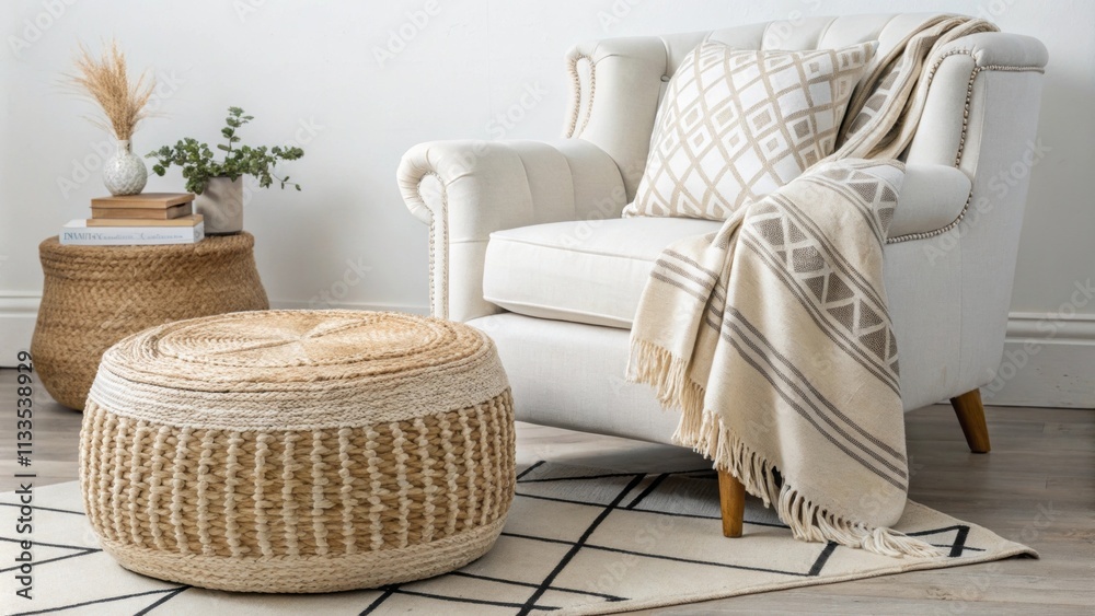Poster an inviting seating area features a handwoven ottoman alongside a crisp white armchair accented by a