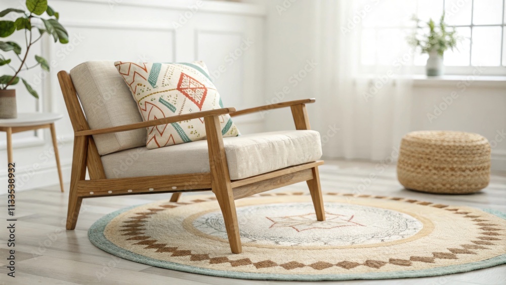 Poster A bright room highlighted by a simple rug design accented with a comfortable throw pillow alongside a refined wooden chair adding warmth to the space.