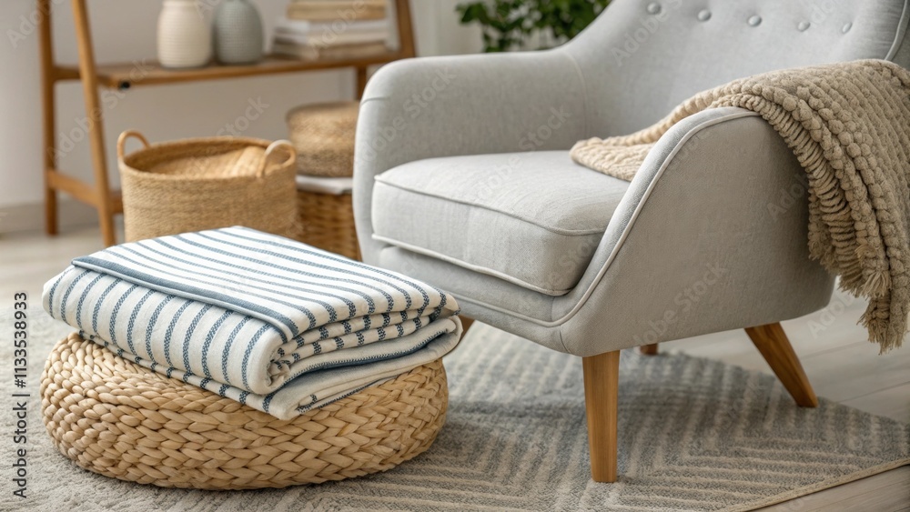 Poster a stylish reading nook displays a striped blanket folded neatly on a comfy armchair paired with a pl