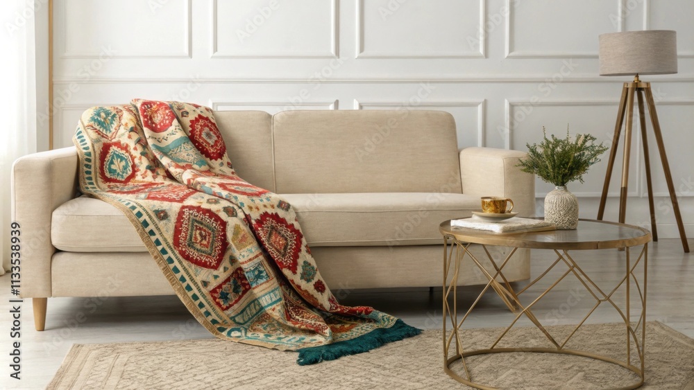 Poster a calming living room design with a simple beige couch draped with a vibrant patterned throw and an 