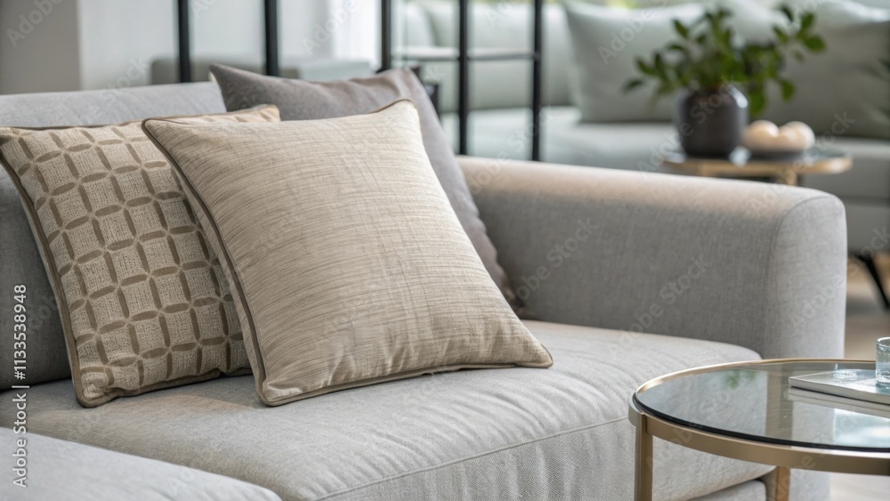 Poster a plush throw pillow in a muted tone adorns an understated gray couch paired with a minimalist glass