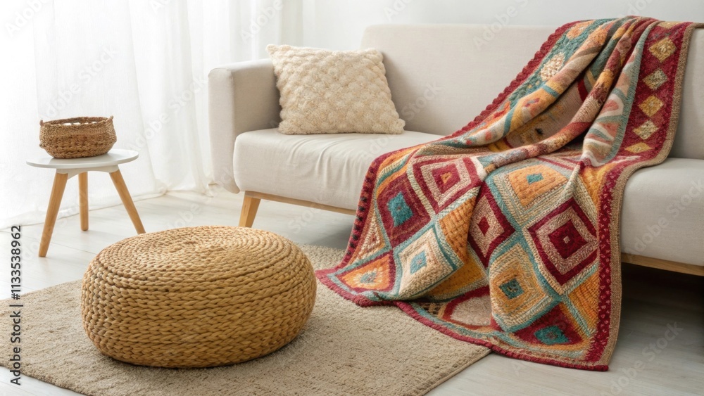 Aufkleber an inviting nook designed with a colorful patterned blanket spread across a minimalist couch a handm