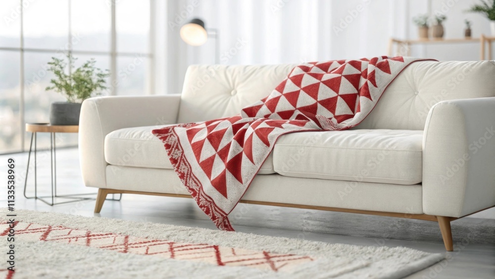 Aufkleber A contemporary living room setting displays a cleanlined sofa adorned with a bold geometric blanket and a soft textured rug that adds warmth to the floor.
