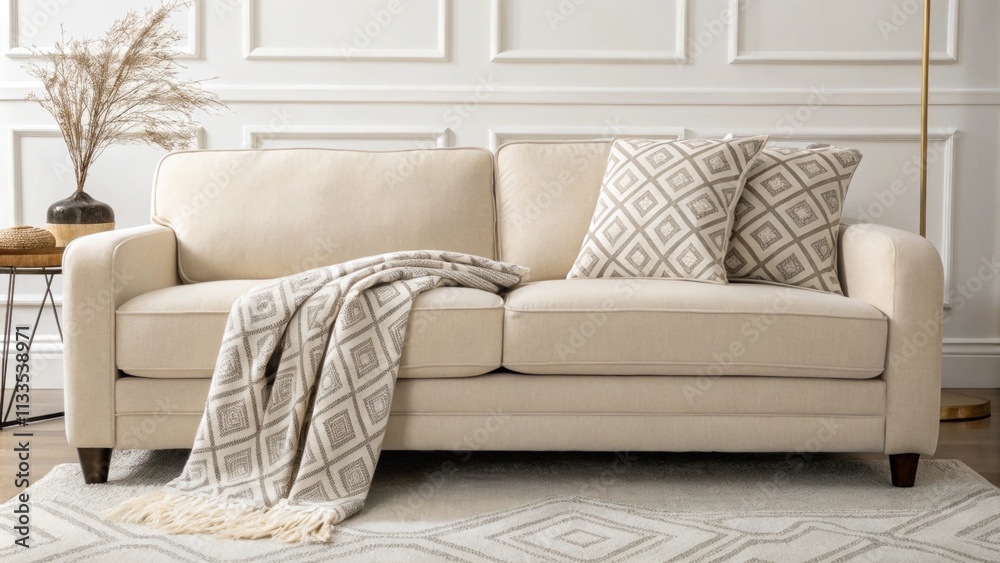 Poster The inviting space showcases a tastefully arranged sofa with a subtle geometric throw blanket accent positioned atop a soft textured rug that enhances the cozy atmosphere.