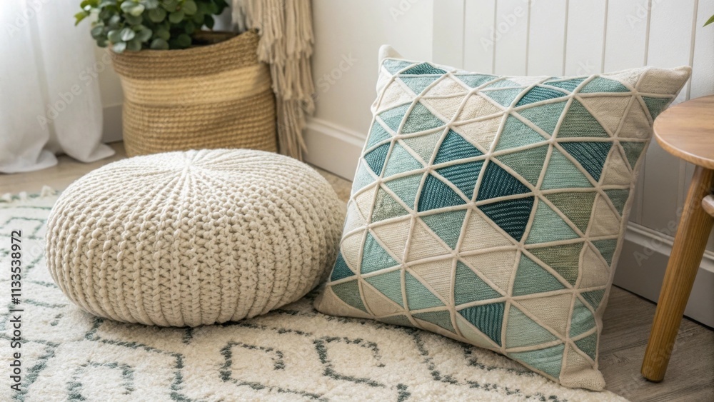 Poster a cozy corner adorned with a unique geometric cushion p next to a casual woven pouf set against a ba