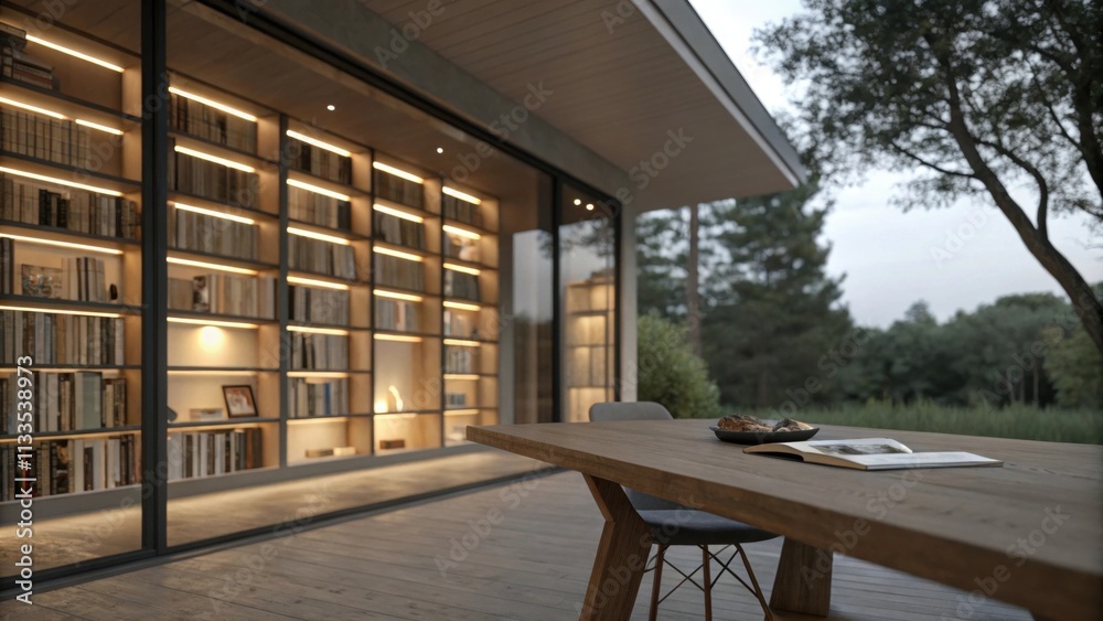 Poster a tranquil interior setting with expansive builtin bookshelves b with books a clean and modern woode