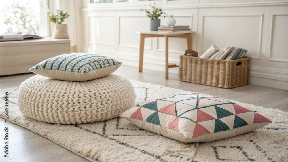 Aufkleber a spacious neutraltoned room features a striking geometric cushion layered on a plush minimalist rug