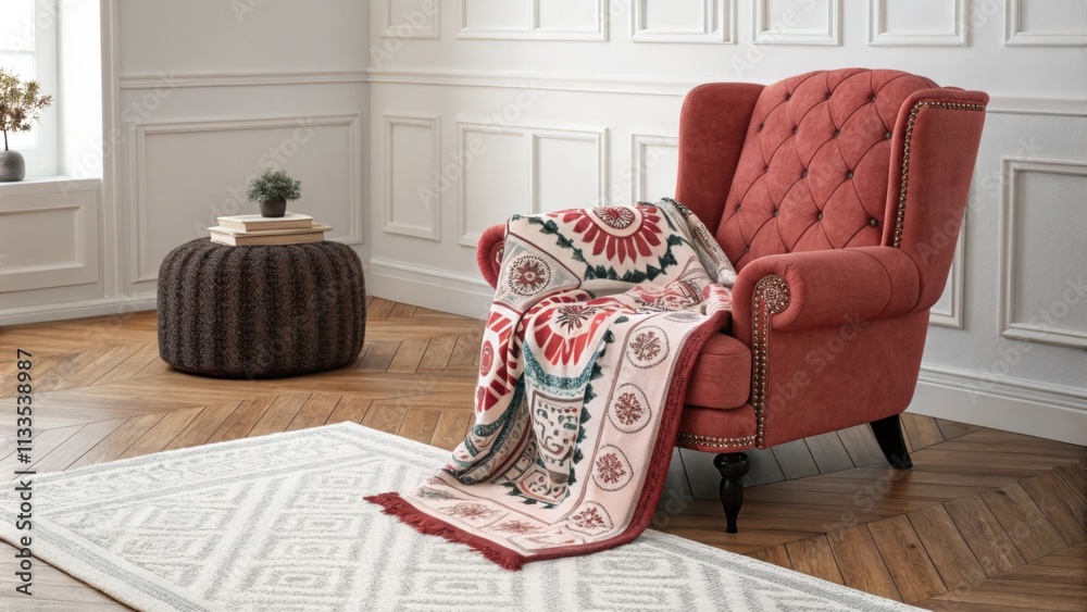 Poster a cozy mixedstyle living room where a bright patterned blanket contrasts with the deep tones of a su