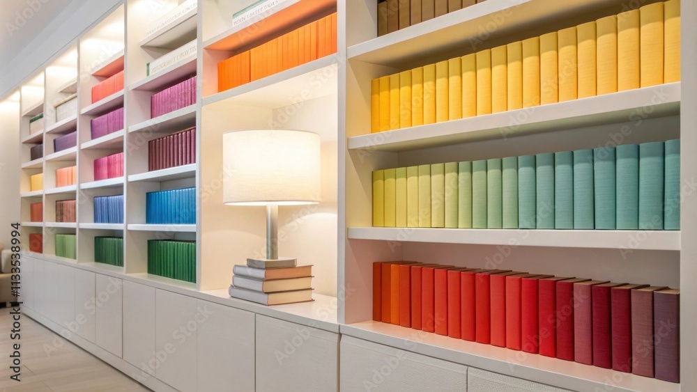 Poster Brightly lit shelves in a minimalist library showcasing neatly stacked books arranged by color complemented by a soft glow from a delicate lamp.