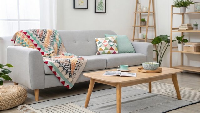 A contemporary living room embodying minimalism featuring a soft gray couch with a colorful patterned throw and a basic wooden coffee table as the focal point.