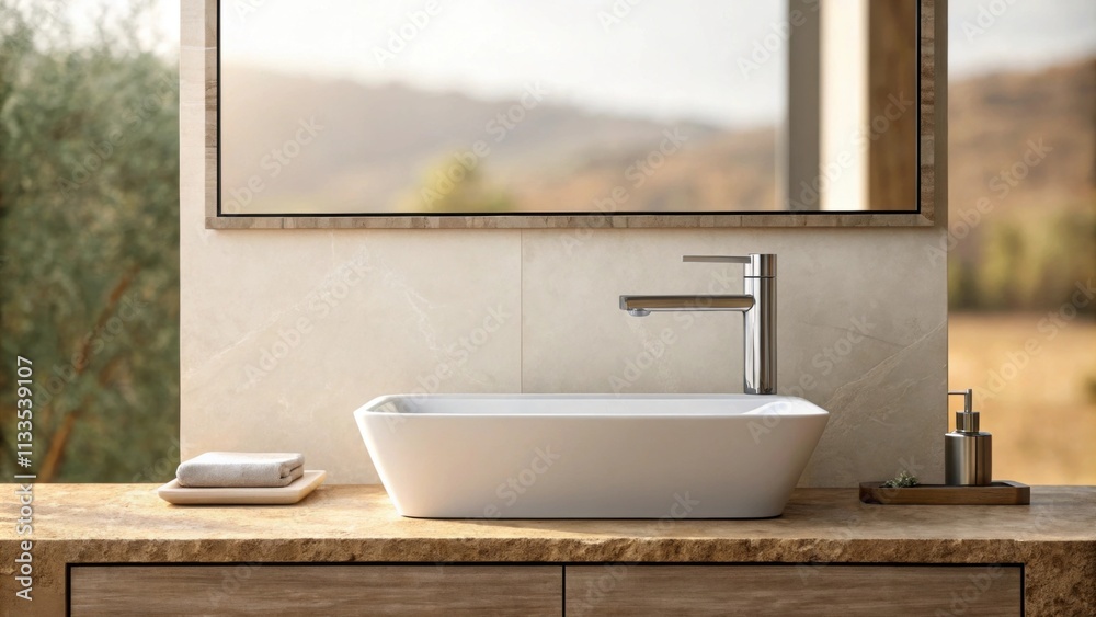 Poster A tranquil bathroom scene featuring a large rectangular mirror mounted above a stylish sink a streamlined faucet and warm neutraltoned tiles that evoke a sense of simplicity