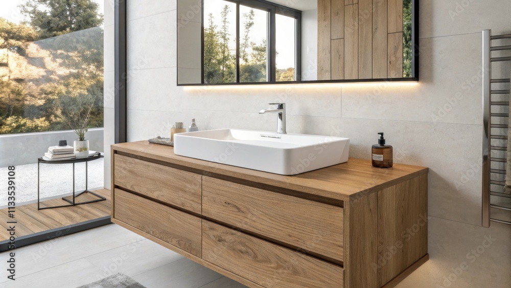 Poster An airy space showcasing a wooden floating vanity with sharp edges paired with a glossy white sink and a large mirror that enhances the light creating a clean and modern