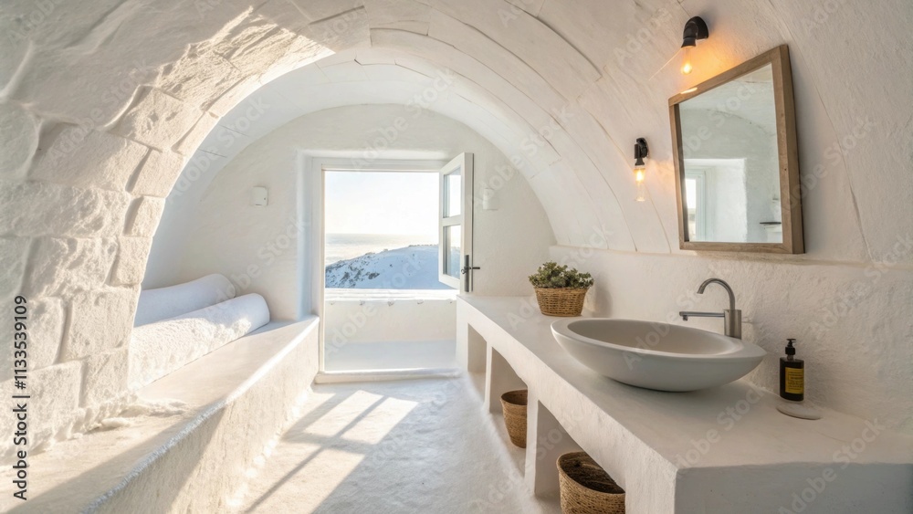 Poster The space showcases pristine white surfaces that enhance the airy feel illuminated by gentle sunlight filtering through a nearby window. A modern single basin stands out