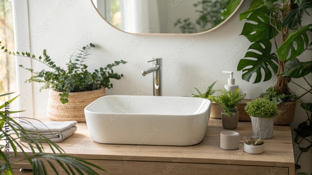 Poster Bathed in soft natural light the room highlights a modern rectangular sink with subtle curves flanked by a serene arrangement of lush greenery and minimalistic decor that