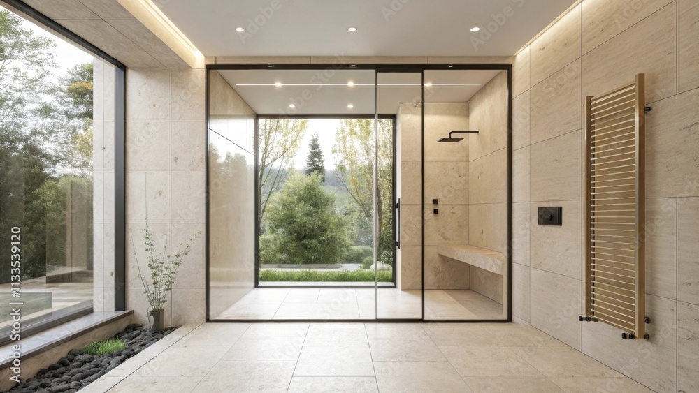 Poster a contemporary shower space highlighting a frameless design that invites natural light paired with p