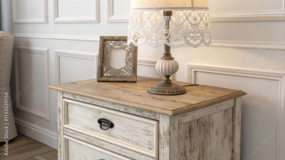 Poster a calming minimalist space includes a charming wooden nightstand with a weathered finish accentuated