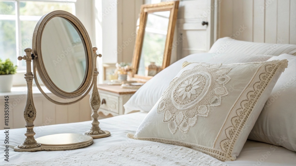 Poster an inviting space where natural light dances off a single vintage mirror highlighting the smooth whi