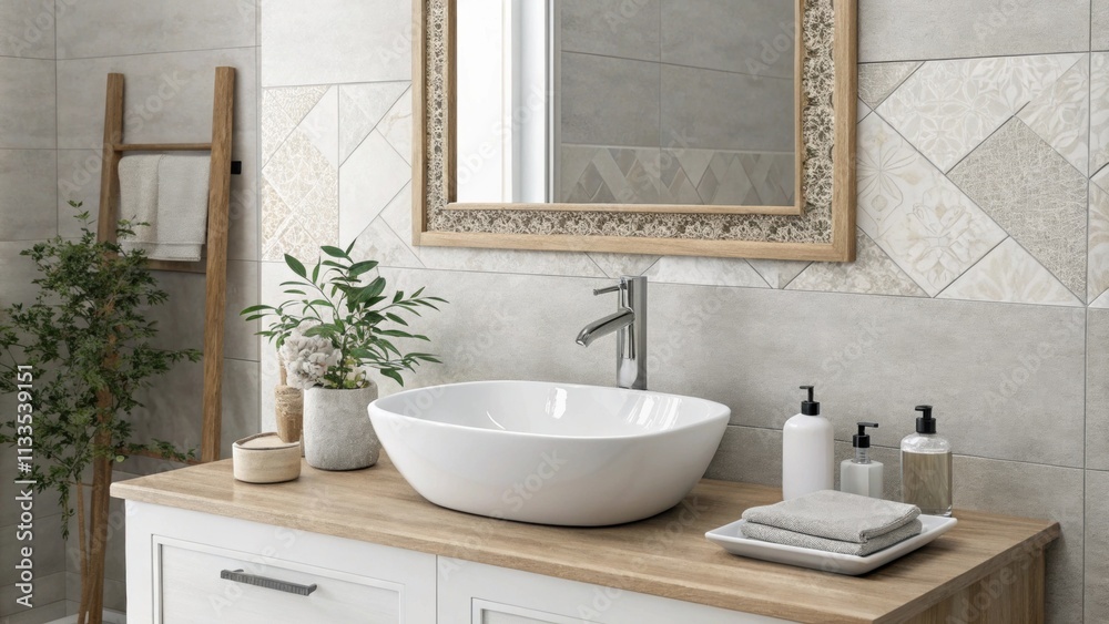 Poster A contemporary bathroom design highlighted by a basin devoid of embellishments paired with a frameless mirror that adds depth all set against a wall of subtle gray tiles.
