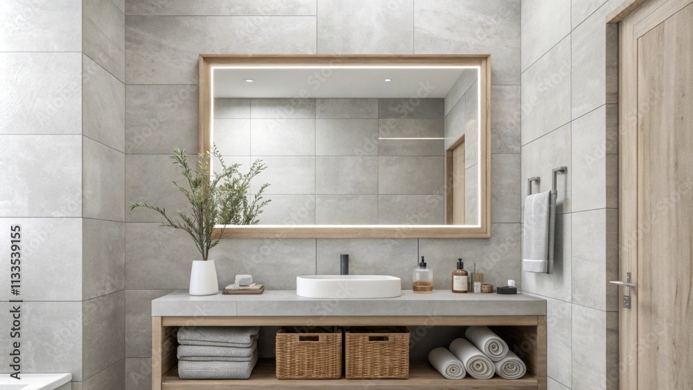 Poster This inviting bathroom space features a large unembellished rectangular mirror and a palette of soft gray tiles contributing to a serene and orderly environment.