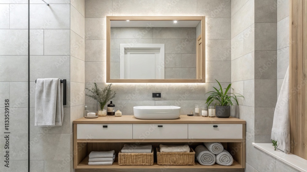 Poster an uncluttered bathroom presents a harmonious blend of a minimalist rectangular mirror and subtle so