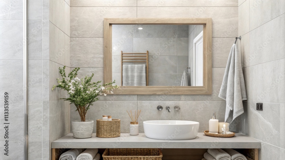 Poster The bathroom boasts a contemporary design with a focus on simplicity highlighted by a rectangular mirror and stylish soft gray tiles that complement the overall cleanlined