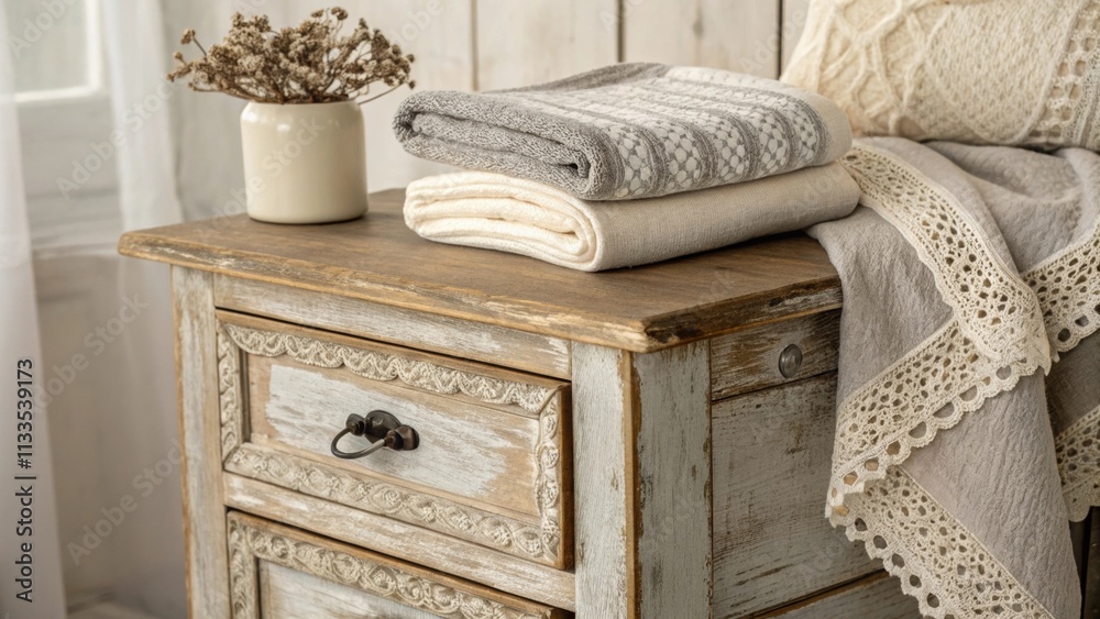 Poster the focus is on a vintagestyle wooden nightstand with a rustic finish embellished with a gently fold