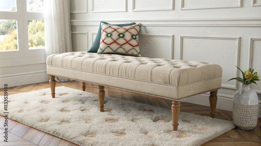 Poster The interior showcases a stylish tufted bench as the centerpiece surrounded by a soft textured area rug with a single colorful patterned pillow enhancing the aesthetic.