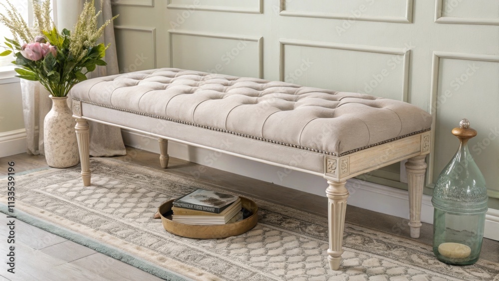 Poster The decor centers around a sophisticated tufted bench with delicate fabric set within a muted color palette that emphasizes simplicity and elegance highlighted by a charming