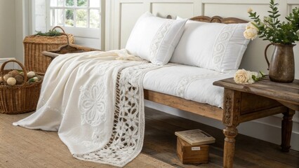 Fototapeta premium The scene features a charming aged wooden bench paired with plush white bedding creating a serene bedroom ambiance while a fine lace throw adds a touch of elegance to the