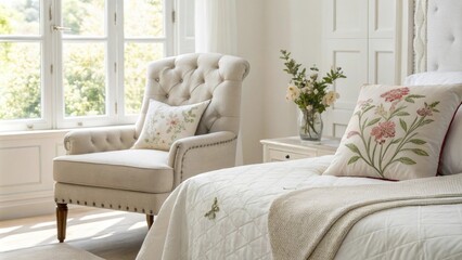 A bright and inviting bedroom highlights a minimalist tufted chair a subtle pillow with a floral design on its seat and a perfectly pressed linen blanket laid out across the