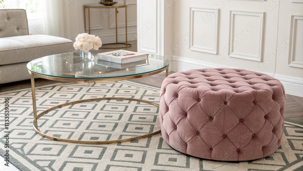 Poster The room is adorned with a chic glass coffee table which sits atop an eyecatching geometric print on the floor alongside a sumptuous velvet ottoman that adds depth and