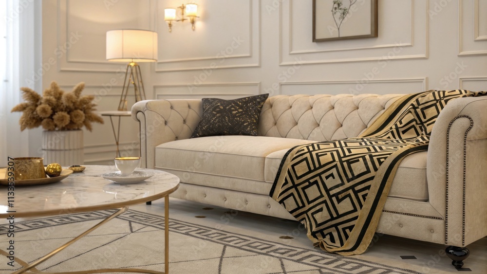 Poster an inviting living area showcasing art decoinspired decor where a bold geometric throw adds a pop of