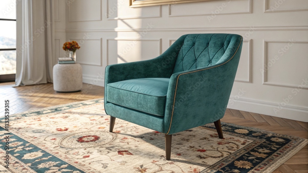 Poster A sophisticated teal velvet armchair is elegantly p on a chic patterned rug with dynamic motifs. The room is bathed in a warm inviting glow from diffused sunlight enhancing