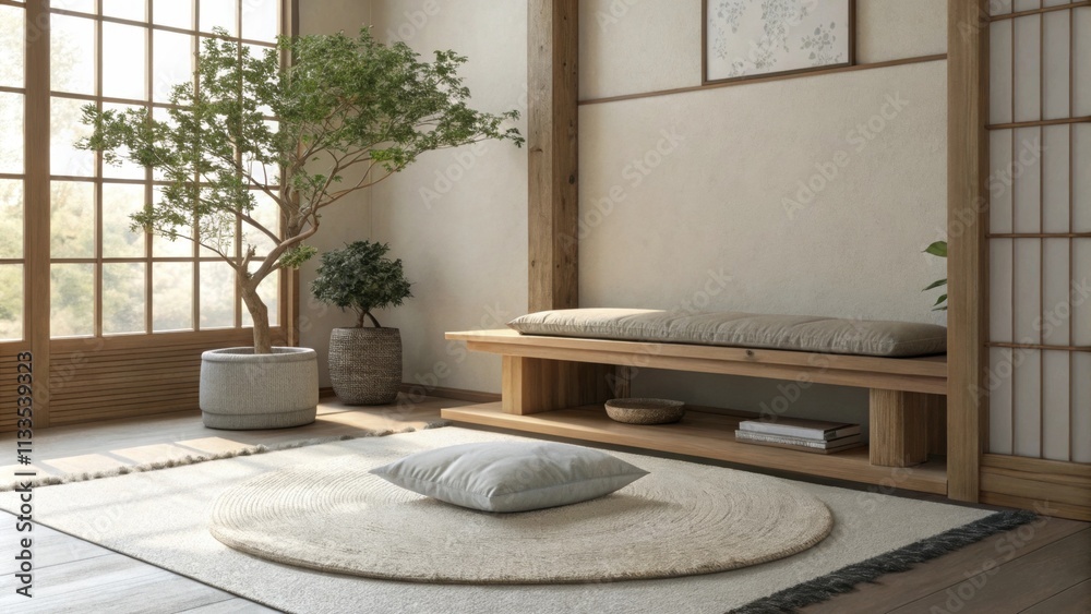 Aufkleber a quiet meditation nook featuring a low wooden bench and a plush understated rug surrounded by soft 