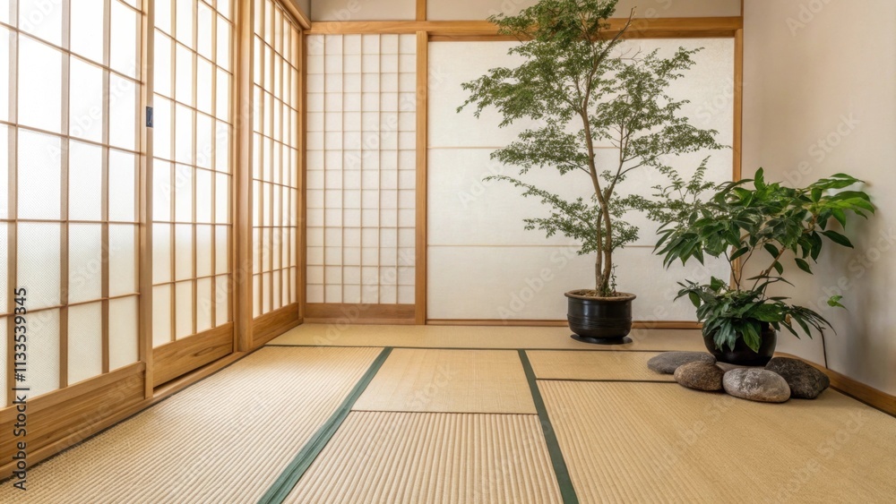 Aufkleber a tranquil area featuring a finely woven tatami mat an elegant bamboo screen for partial privacy and