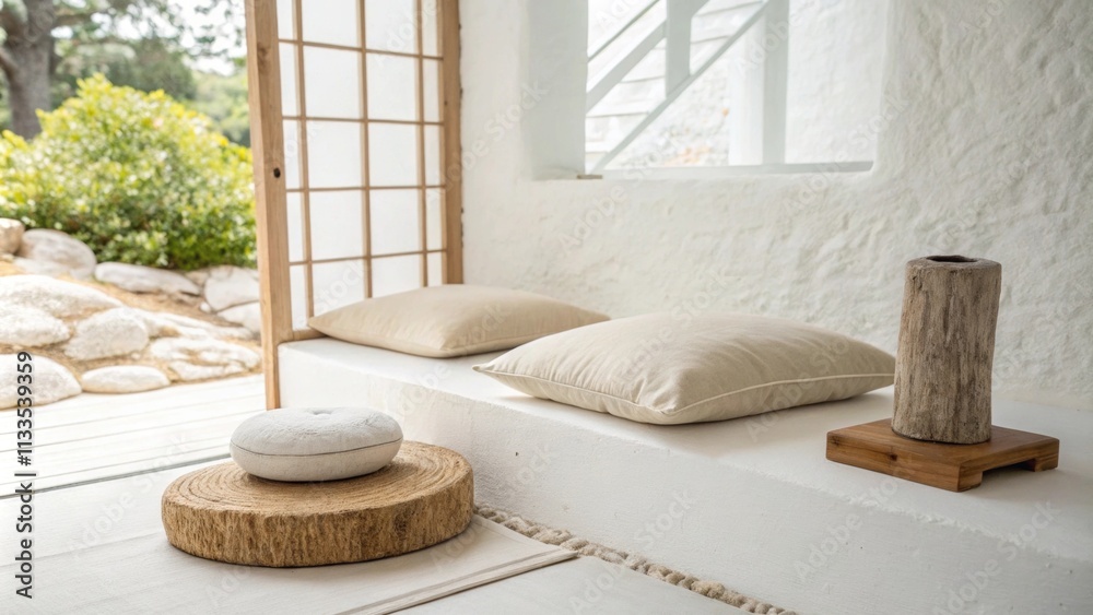 Poster An airy Zen space with bright white walls that create a serene atmosphere complemented by a light beige cushion on a low seating area and a singular smooth stone resting on