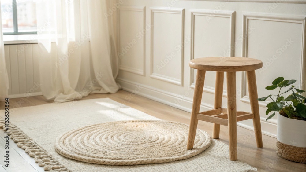 Poster A peaceful space enriched by gentle daylight featuring a soft woven rug that brings texture alongside a lone low stool creating a sense of calm simplicity.