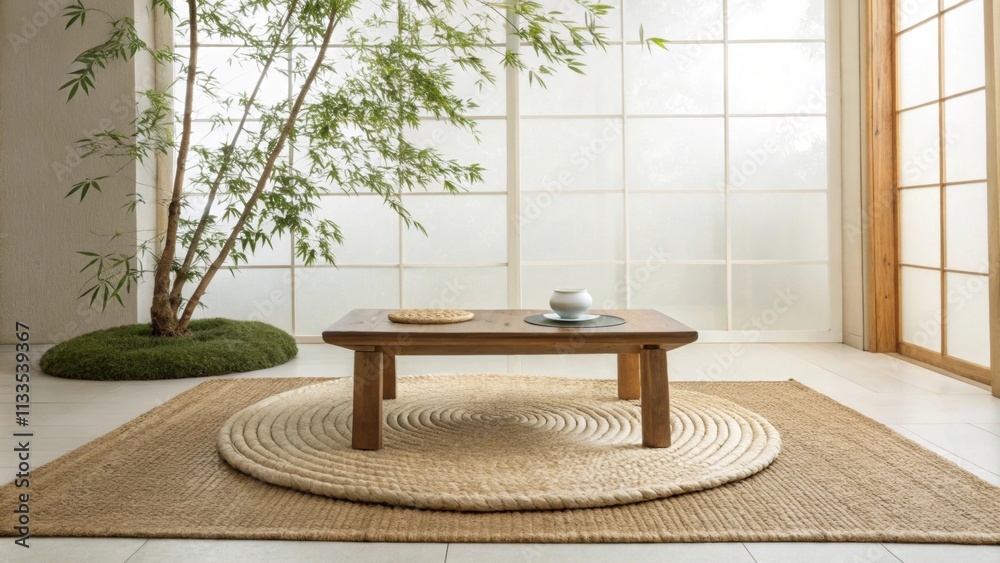 Leinwandbilder a minimalist meditation zone featuring a natural fiber rug a simple low wooden table and bright airy