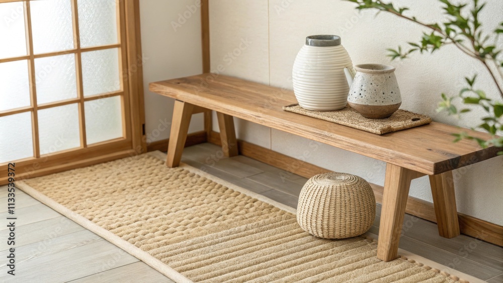 Poster a tranquil interior featuring a soft woven mat underfoot a simple wooden bench against the backdrop 