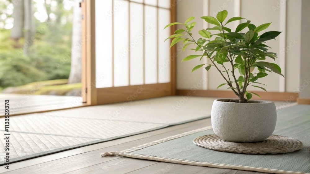 Poster A tranquil setting with diffused natural light characterized by a light gray mat on the floor and a minimalist potted plant that enhances the rooms aesthetic balance.