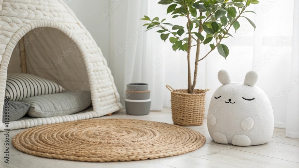 Poster a tranquil interior space with a calm color scheme of whites and soft grays showcasing a single indo