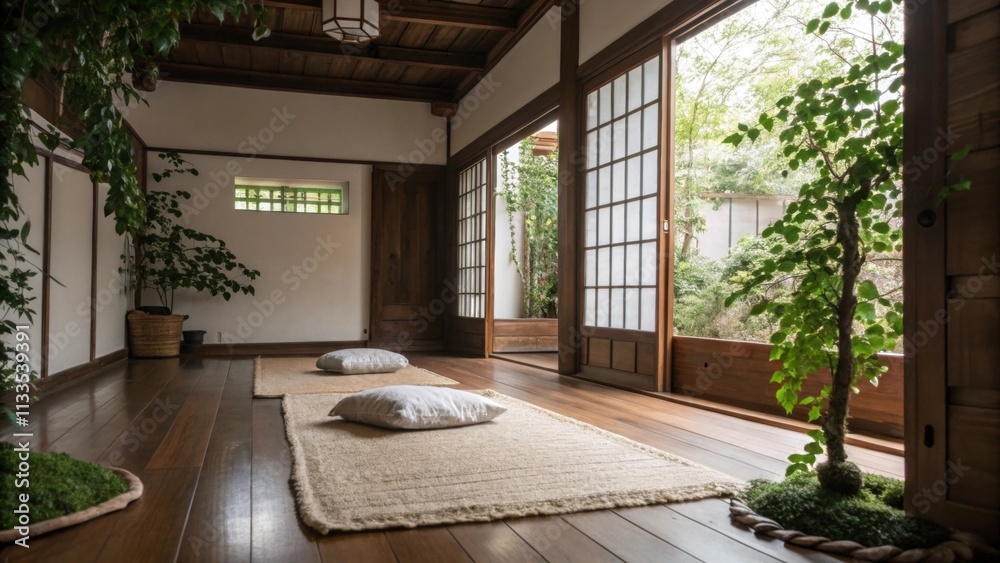 Poster a tranquil space with rich wooden floors and a cozy soft rug where gentle greenery peeks from the co