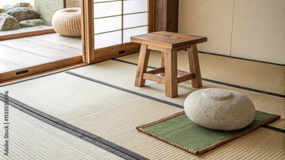 Poster the tranquil scene showcases a meticulously arranged tatami mat a sy wooden stool with a natural fin