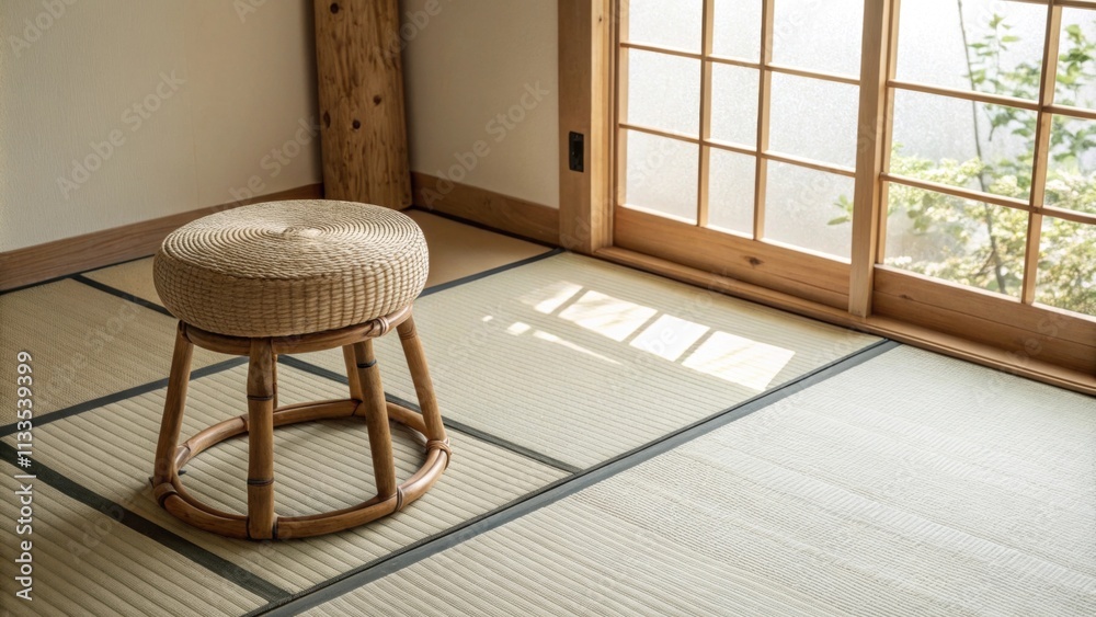 Poster a minimalist design showcasing a tatami mat laid out with a cozy bamboo stool beside it where subtle
