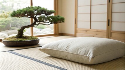 In the Zen room a plush neutralcolored cushion sits on the floor beside a small artfully pruned bonsai plant with diffused lighting creating an atmosphere of peace and