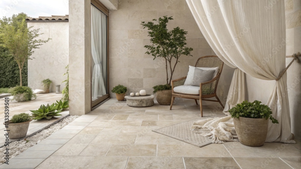 Poster a chic outdoor area with neutraltoned tiled surfaces highlighted by a single inviting chair and unde