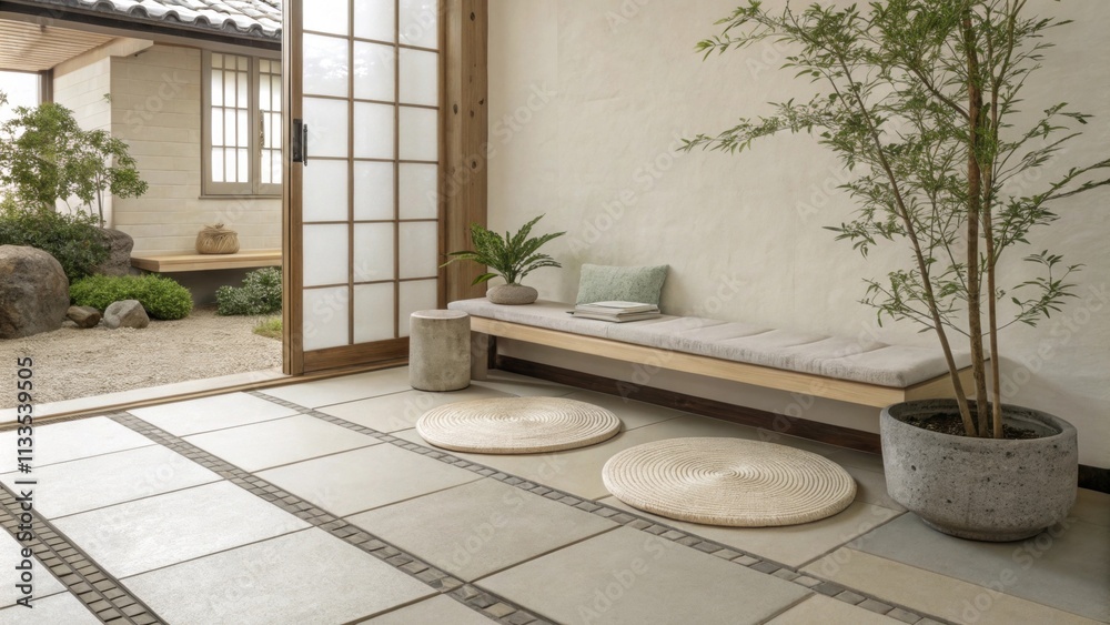 Poster A tranquil patio showcasing a smooth tile flooring a simplistic stone bench for seating and a subtletoned rug enhancing the ambiance.