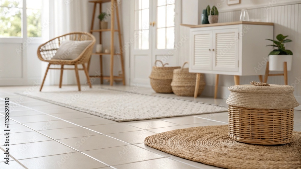 Poster an airy interior with a minimalist aesthetic featuring an immaculate tiled floor and subtle diffused