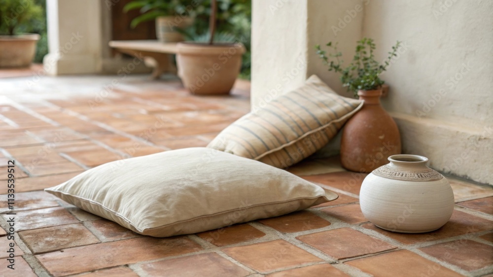 Poster An inviting minimalist patio showcasing a rustic terracotta floor a simple cushion in subtle beige hues and a tiny ceramic vase that adds a touch of elegance with its