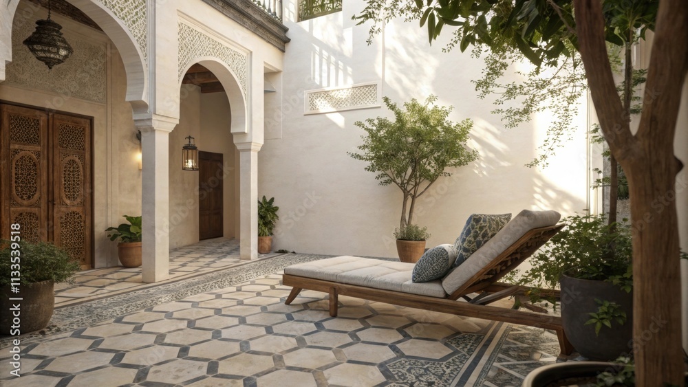 Leinwandbilder a serene courtyard with a geometric tiled surface complemented by a simple throw pillow p casually o
